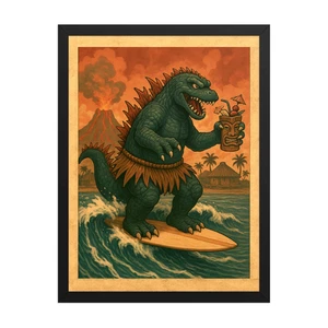Impresión artística original enmarcada con taza Tiki Surfin' Godzilla - Imagen 1 de 13