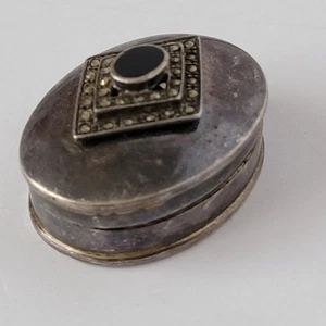 Vintage 925 Sterling Silber Onyx und Markasit Oval Schmuck Pillendose - Bild 1 von 15