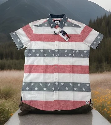 Men's Polo Shirt Free Planet Cotton American Flag Print Button Up Collar NWT - Image 1 of 4