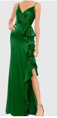 MAC DUGGAL Women 6 Green Satin Ruffled Asymmetrical Evening Dress Gown X - Image 1 of 4