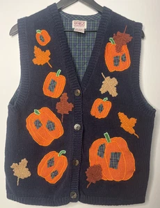 PBJ Sport Women’s XL Vest Retro Woven & Plaid Autumn Pumpkins Top Buttons Blue - Picture 1 of 10