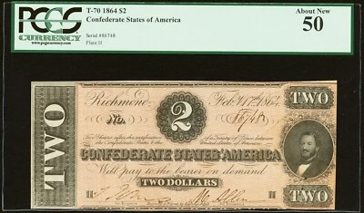 1864 $2 Confederate States of America T-70 - PCGS 50 - LOOKS BETTER! - Image 1 of 2