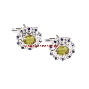 Natural Peridot & Blue Sapphire Gemstones with 925 Sterling Silver Cufflinks #51 - Picture 1 of 7