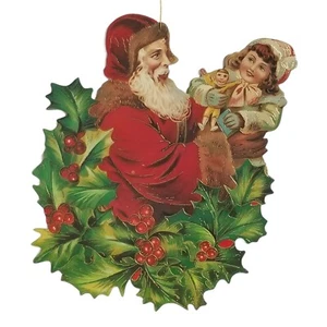 Babbo Natale vittoriano fustellato con bambina un agrifoglio doppio lato ornamento shackman - Foto 1 di 2