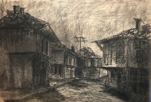 Antique impressionist charcoal painting cityscape village - Picture 1 of 12