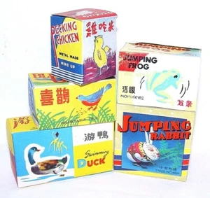 5x China BLUE BIRD DUCK FROG RABBIT CHICKEN Tin Wind-Up Toy Animal Set`75 RARE! - Picture 1 of 12