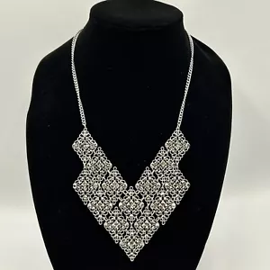 Charming Charlie Statement Bib Necklace Smokey Rhinestone Mesh Silver Tone - Picture 1 of 5