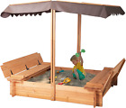BIRASIL Wood Sandbox with Cover, Sand Box with 2 Bench Seats for Aged 3-8 Years 