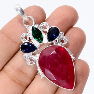 Lab-Created Pink Ruby Sapphire Gemstone 925 Silver Handmade Pendant 2.1" ARP3697 - Picture 1 of 3