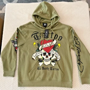 Ed Hardy Hoodie Pullover Heart Skull Tattoo “Love Kills Slowly” Olive Mens Large - Picture 1 of 6