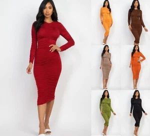 Women's V-Neck Midi Dress Ruched T-Shirt Stretch Knit Long Sleeve Bodycon Solid - Picture 1 of 31
