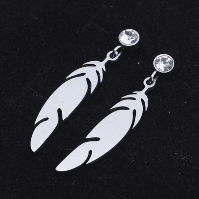 不锈钢悬垂耳钉耳环锆石羽毛银色 26 毫米 0.8 毫米 Z377 — 第 1/2 张图片