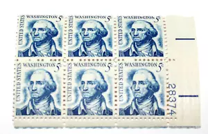 6 Block of George Washington 5 Cent Stamp Blue - Picture 1 of 3