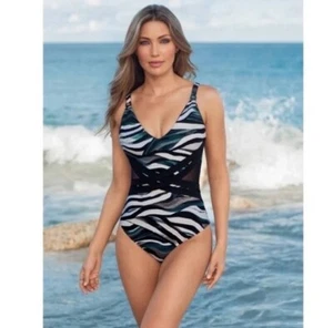 NWT $186 MIRACLESUIT Amoressa Yukon Tigress 1PC Tummy Control Swimsuit Black 12 - Picture 1 of 7