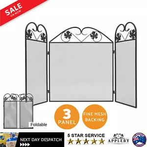 Wrought Iron Fire Guard Screen 3 Panel Folding Black - Picture 1 of 6
