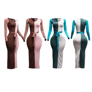 Bodycon-Maxikleid Damen Langarm Color Block mit Taillenband - Bild 1 von 9