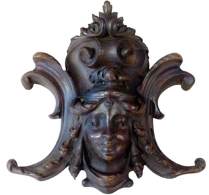 Large & Thick Antique French Hand Carved Wood Pediment Salvage 19TH Woman Face - Picture 1 of 14