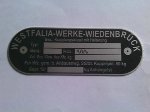 Placa de características AHK enganche de remolque Westfalia antiguo bola de embrague placa s69 BJ - Imagen 1 de 1