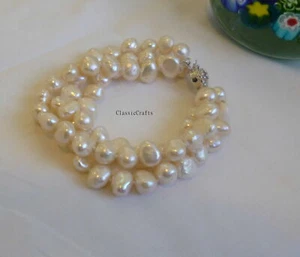 Silver Genuine 7-8mm Baroque freshwater pearls 3 row bracelet L16, 18, 20,22cm - Bild 1 von 3