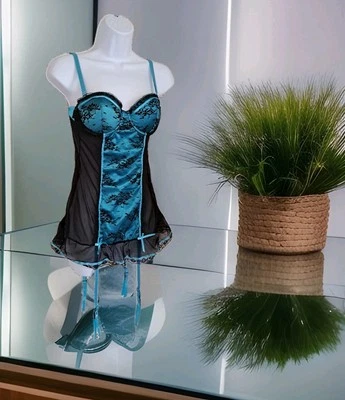 Native Intimates Corset Bustier 34B Black/Teal Mesh Lace Removable Garters NWT  - Image 1 of 4