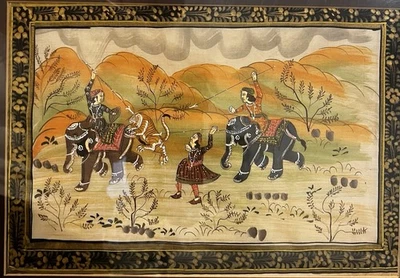 Antigua pintura india a mano en escena de seda con caza de tigres Foto 1 de 4