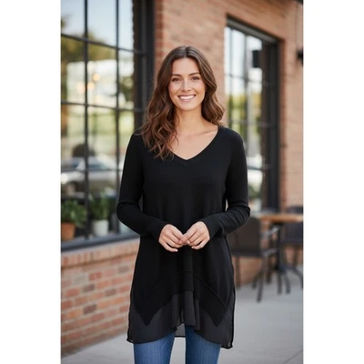 Suéter túnica Chelsea & Theodore negro cuello en V manga larga nuevo con etiquetas Foto 1 de 4