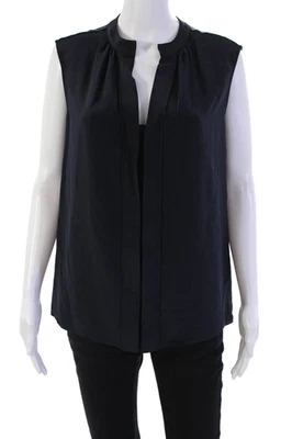 Derek Lam 女式丝绸打褶圆领套衫背心衬衫海军蓝 8 码 — 第 1/4 张图片