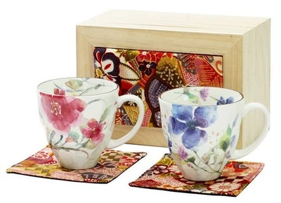 Japanese Mino Ware Mug & Coaster Pair Set 'Floral Watercolor' Gift Box Porcelain - Image 1 of 3