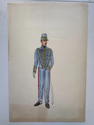 Antique 19th C French Gouache Painting on Paper Napoleonic Military Uniform 7x10 - Image 1 of 4