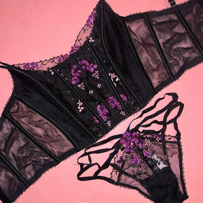 Victoria's Secret S-DD 32DD, 34D, 34DD корсет верхний бюстгальтер комплект черный фиолетовый вышивка - Изображение 1 из 4