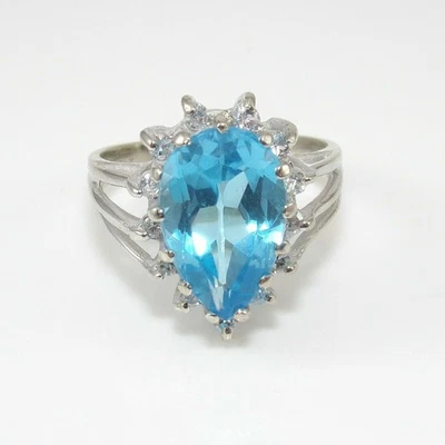 Natural Blue Topaz and Diamonds Gemstone Cocktail Ring Solid 14K White Gold G016 - Image 1 of 4
