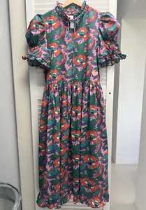 Horror Vacui floral print hand pleated cotton ruffled poplin midi belt tie dress - Picture 1 of 13