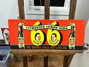 66 Lithiated Lemon Soda Embossed Metal Sign 23 1/2" x 10" GAS OIL COLA - Picture 1 of 7