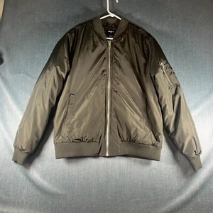 Forever 21 Mens Bomber Jacket Size L Green Lined Ribbed Pockets Full Zip Casual - Picture 1 of 13