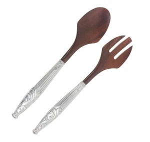 2000s Lenox Teak & Embossed Metal Salad Servers - Picture 1 of 5