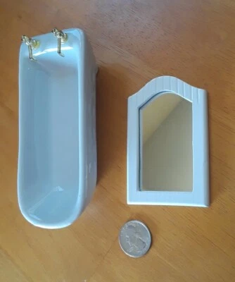 Bañera con patas de porcelana miniatura para casa de muñecas Lucky Star vintage + espejo ~ nueva Foto 1 de 4