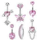 Stainless Steel Butterfly Belly Button Ring Pink Rhinestone Love Navel PierciJG