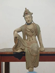 Chinese Old Wood Carved Bodhisattva Kwan-yin Statue Wooden Painted Sculpture Art - Picture 1 of 2