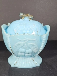 Antique 1880 Westmoreland Blue Glass Grape Cherry Covered Sugar Dish - Picture 1 of 11