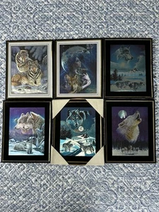 Vintage Lot Of 6 Foil Art Reflective Framed Pictures Wolves Moonlight Brethren  - Picture 1 of 24