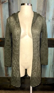 Poof Olive Green Open Knit Hooded Sweater Knit Cardigan Top S 4 6 8 Boho Hippie - Picture 1 of 4