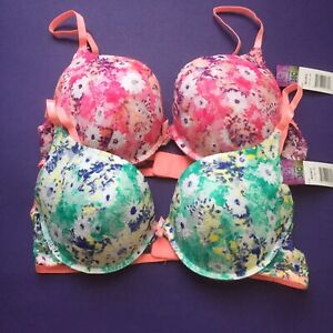 HERS BY HERMAN 2-Pk Field of Daisies Underwire Push-Up Bra Womens 38C Pink/Green