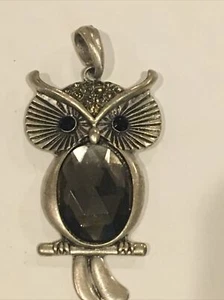 Vintage Owl Brooch Rhinestones Silver Plated Mirror Black Eyes Stone Pendant - Picture 1 of 8