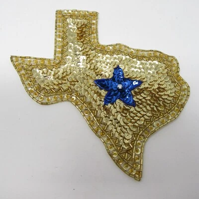 Large Texas State Sequin Applique Sew On Patch Lone Star 7" x 7" Gold Blue Vtg - Image 1 of 4