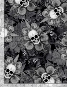 Halloween Fabric | Timeless Treasures Last Dance Skull Fleur de Lis | Yard New - Picture 1 of 1