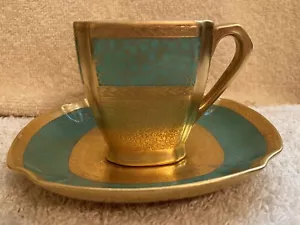 Vintage Picard Green and Gold Demitasse Cup and Saucer Rose And Daisy Pattern - Picture 1 of 8