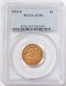1913 S GOLD USA $5 DOLLAR INDIAN HEAD HALF EAGLE COIN PCGS ABOUT UNC 50 - Picture 1 of 4