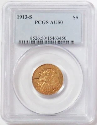 Moneda de media águila cabeza india de $5 dólares de oro S de 1913 graduación profesional aproximadamente unc 50 Foto 1 de 4