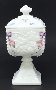 Westmoreland Milk Glass Roses & Bows Beaded Pedestal Wedding Jar Bowl Lid 7 5/8" - Picture 1 of 24