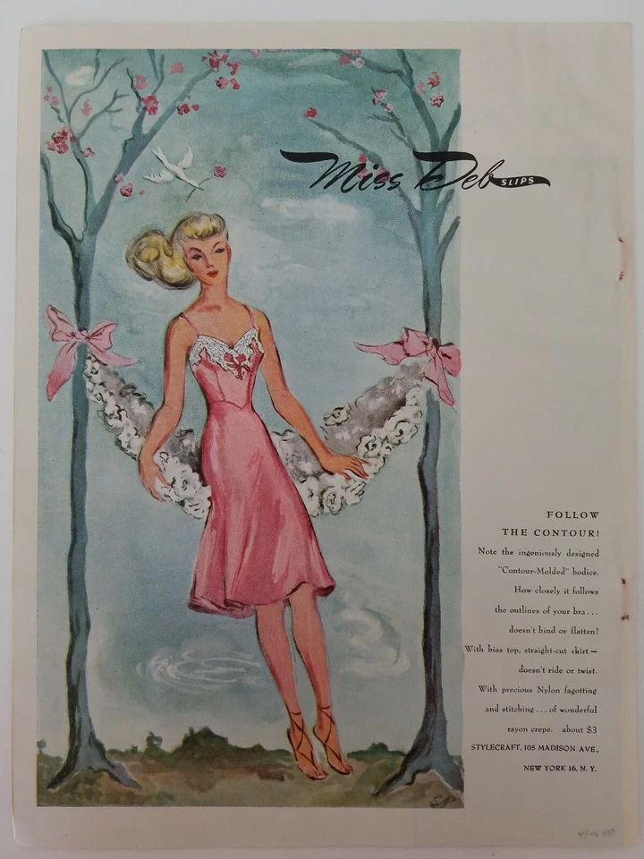 1946 Mujer Miss Deb Rosa Encaje Ribete Slip Vintage Moda Color Anuncio Foto 1 de 1